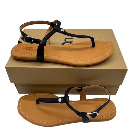 UGG Shoes - NWT UGG Madeena Sandals Size 9.5 Black Leather T Strap Thong Flats NIB